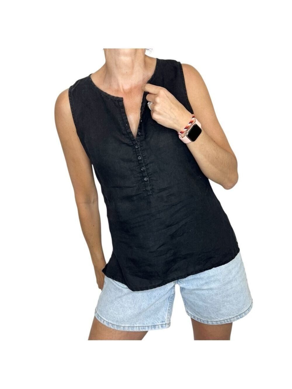 Vintage 90s Tristan & Iseut 100% linen minimalist preppy black sleeveless top M